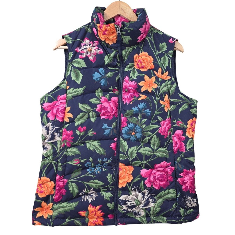 Lands' End Womens M Navy Floral Puffer Vest